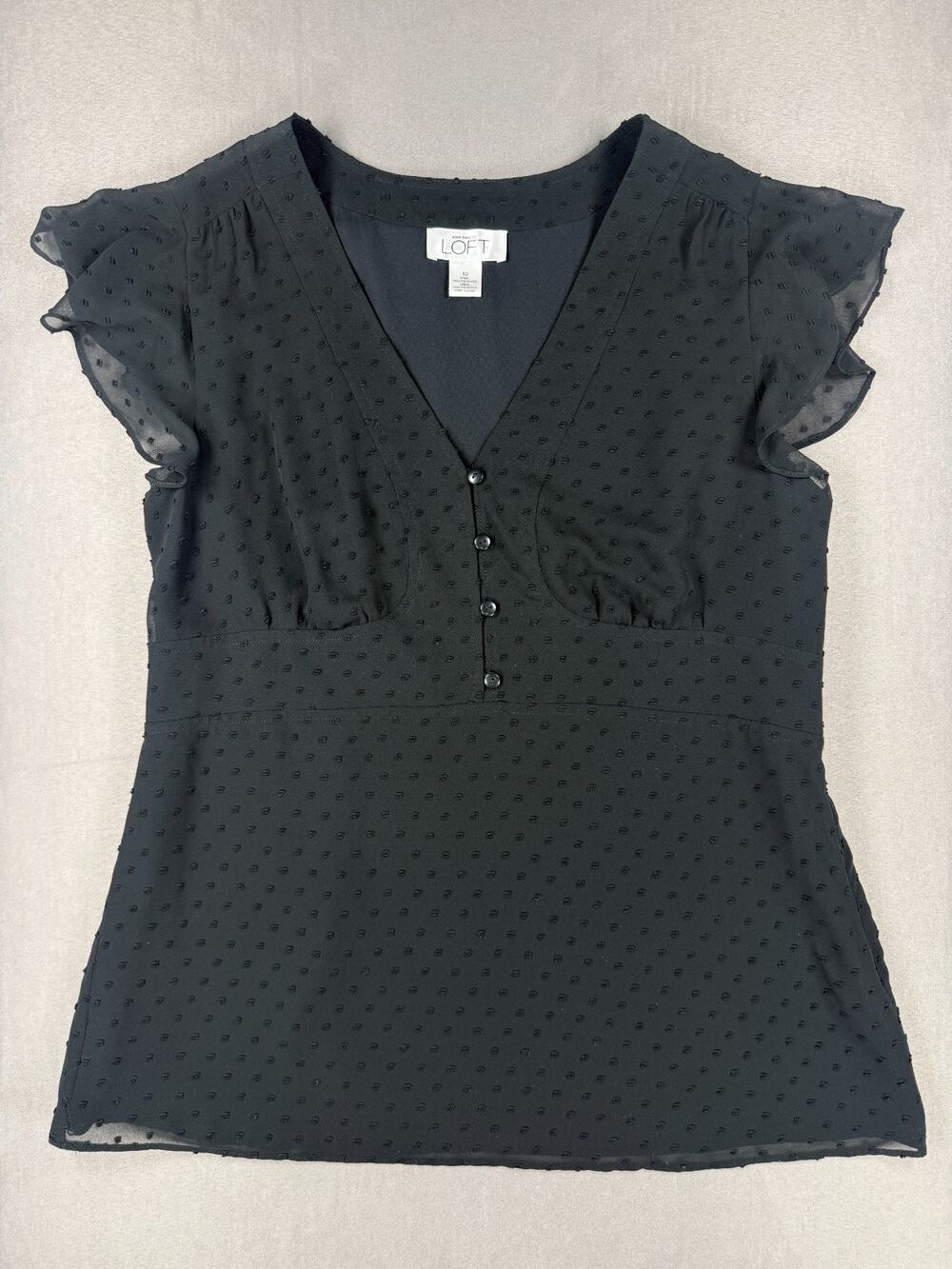 LOFT Black Dot V-Neck Ruffle Sleeve Cinch Waist Button Down Blouse Sz 10 NWOT